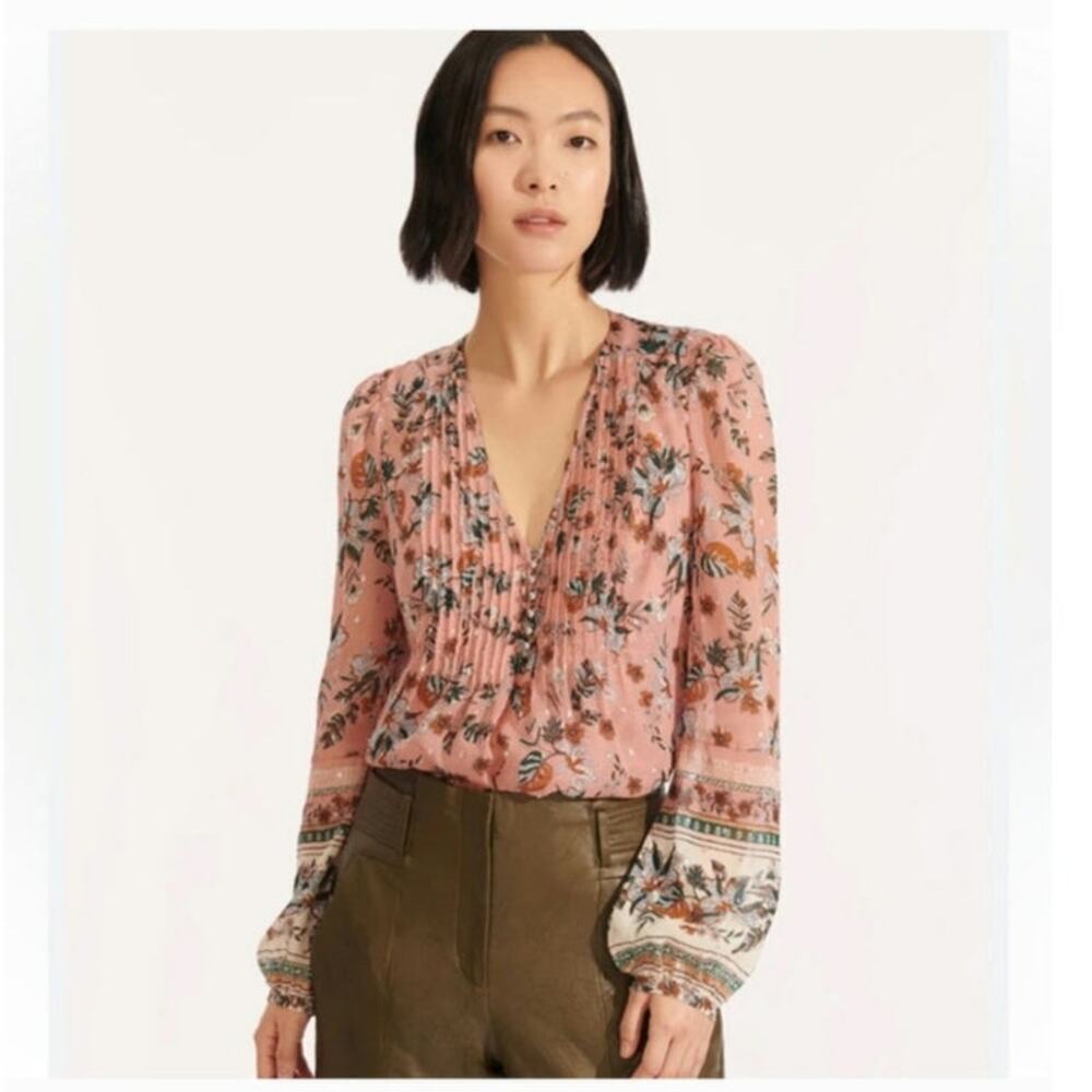 Veronica Beard Lowell Pink Floral Silk Blend Metallic‎ Blouse Size 4